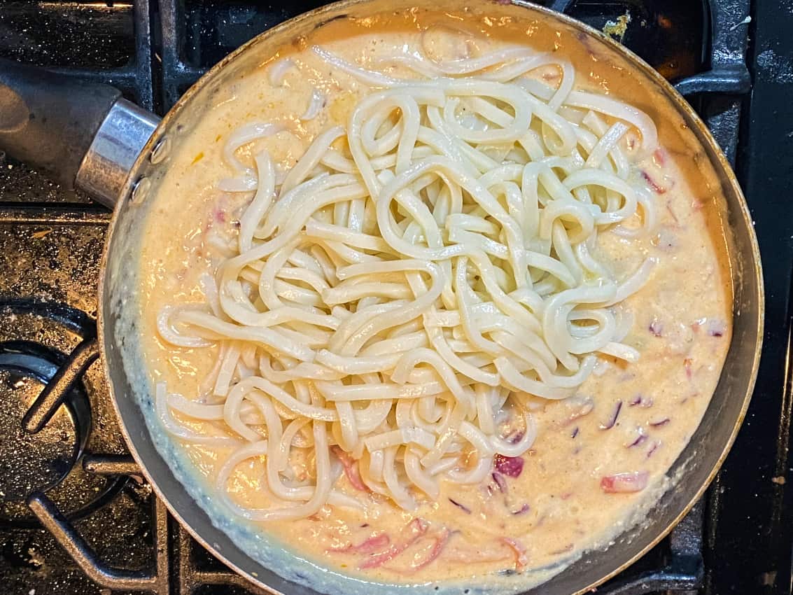 Fusion Creamy Udon Carbonara Noodles Anna in the Kitchen