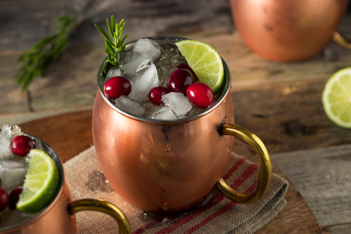 Christmas moscow mule in a copper mug.